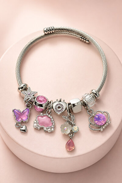 MakeWell Women's Steel Charm Bracelet with Pink and Purple Stones, Panda Butt...