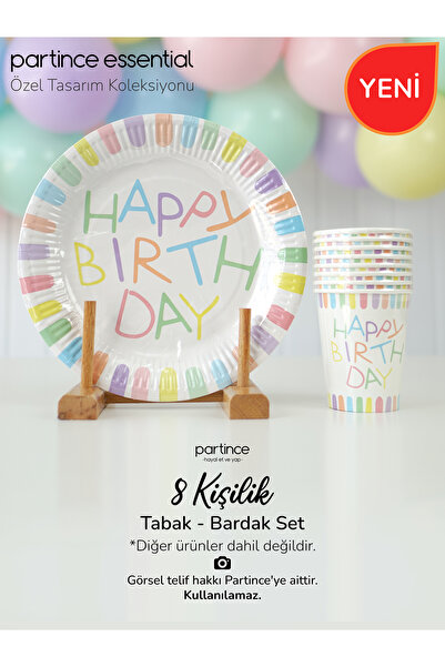 partince 8 Kişilik Makaron Happy Birthday Tema Tabak Bardak Set Kullan At Kar...