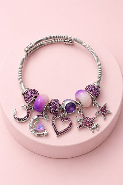 MakeWell Women's Steel Charm Bracelet with Pink and Purple Stones, Panda Butt...