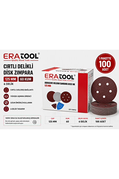 ERA TOOLS 125 mm 60 Kum Cırtlı Delikli Disk Zımpara 6 Delik – 100 Adet