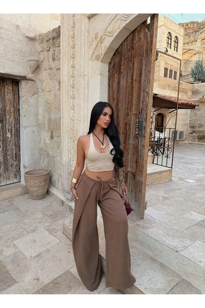 kırmızı butiks Brown Folded Double-Breasted Trousers