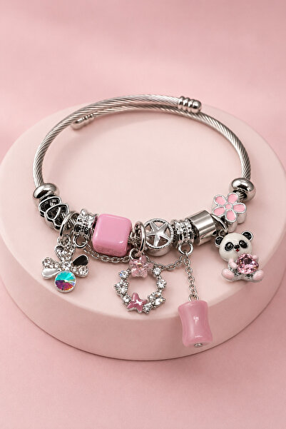 MakeWell Women's Steel Charm Bracelet with Pink and Purple Stones, Panda Butt...