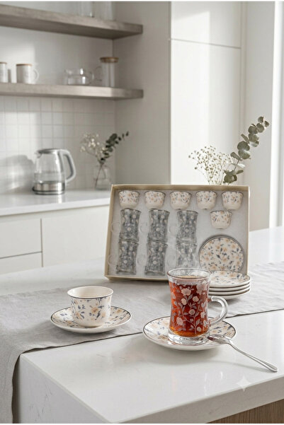 Generic Glass Tea Cups and Coffee Mugs Set with Ceramic Serving Trays Elegant...