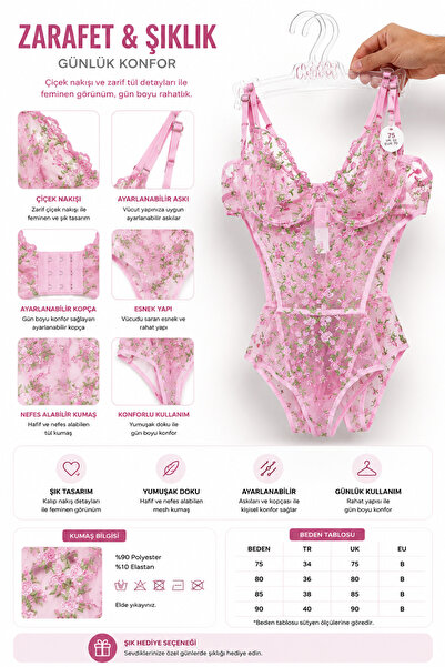 MGEStore Kadın Dantelli Çiçek Desenli Transparan Bodysuit Sütyen Görünümlü İç...