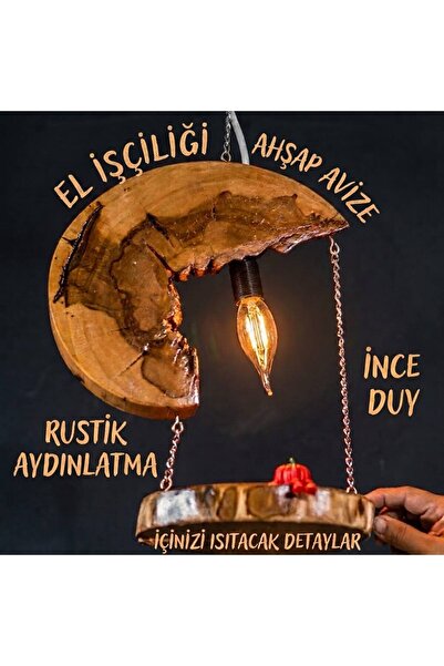 Doğal Ahşap Zincir Askılı Avize
