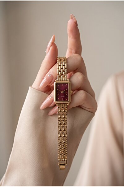 KLISHE Women's Steel Watch Gold Color Burgundy Dial Rectangular Case Vintage ...