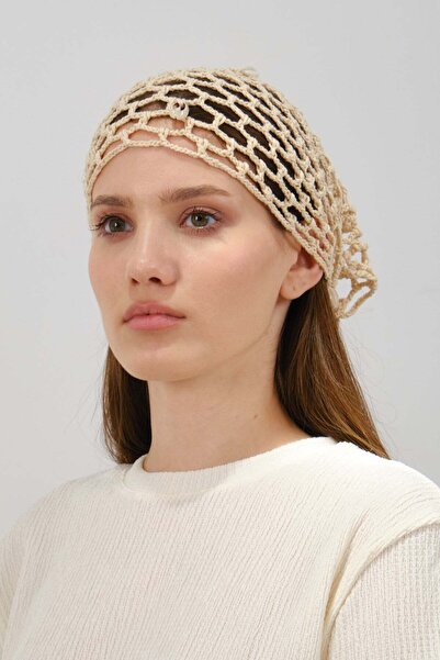 C&City Sea Shell Detailed Triangular Tie-Up Summer Knitted Beanie Y8254 Beige