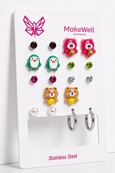 MakeWell 9 Pairs Stainless Steel Earrings Set – Kuromi, Teddy Bear, Rabbit, P...