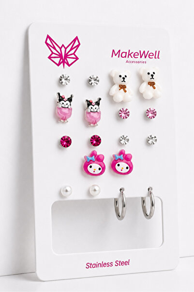 MakeWell 9 Pairs Stainless Steel Earrings Set – Kuromi, Teddy Bear, Rabbit, P...