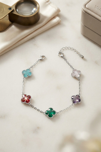 Lisinya Silver Color Clover Model Women's Bracelet with Colorful Crystal Ston...