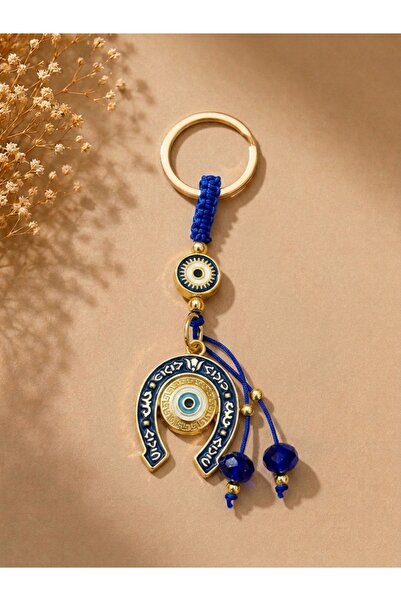 Azrua Navy Blue Stringed Gilded Horseshoe Metal Keychain, Lucky Keychain, Met...