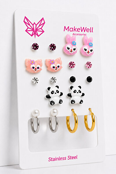 MakeWell 9 Pairs Stainless Steel Earrings Set – Kuromi, Teddy Bear, Rabbit, P...
