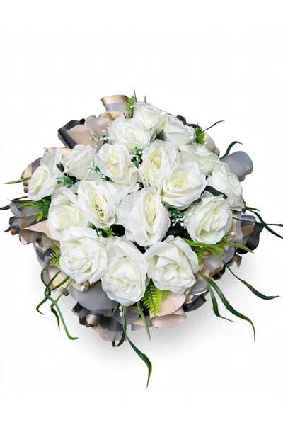 Generic Brand Buchet Artificial Premium cu Trandafiri Albi și Verdeață, 40 cm