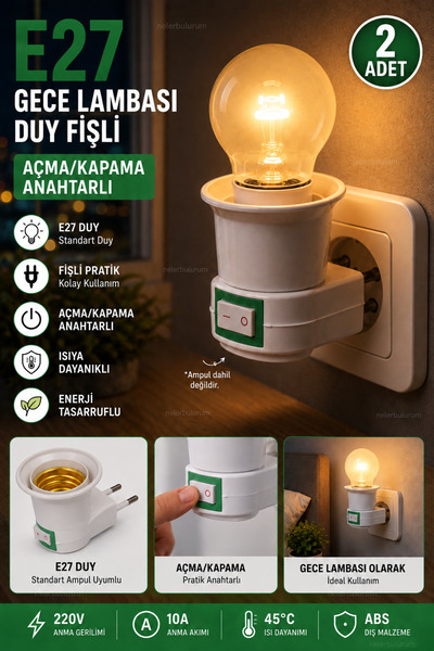 nelerbulurum Yüksek kaliteli 2 ADET Aç/kapa E27 Duylu Fiş gece lambası ve Amp...