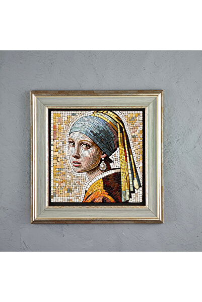 ermin Mozaik İnci Küpeli Kız Klasik Sanat Çerçeveli Taş Tablo, El Yapımı Limr...