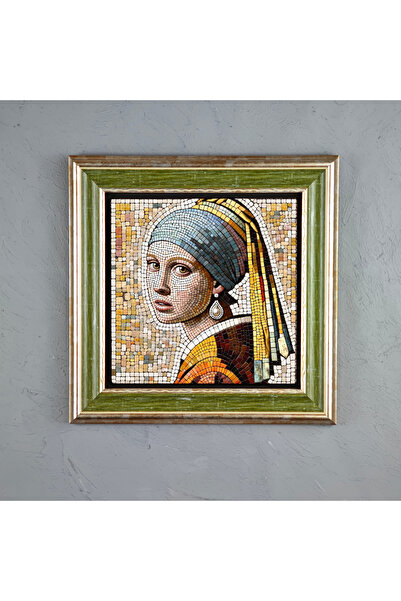 ermin Mozaik İnci Küpeli Kız Klasik Sanat Çerçeveli Taş Tablo, El Yapımı Limr...