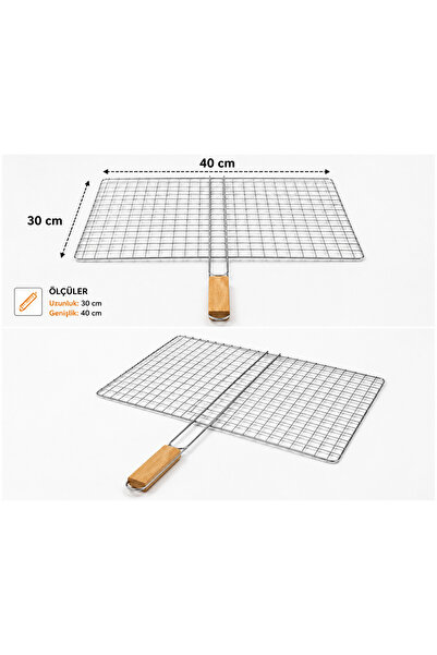 MEGESHOME 40x30 cm Büyük Kafesli Tel Izgara, Izgara Teli, Mangal, Ahşap saplı