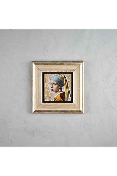 ermin Mozaik İnci Küpeli Kız Klasik Sanat Çerçeveli Taş Tablo, El Yapımı Limr...
