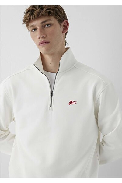 Mavi M0S10613 Patch Logo Embroidered Semi-Zipper Men's Sweatshirt White