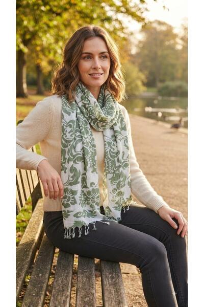 Generic Brand Women's Olive Green Scarf with Printed and Fringes