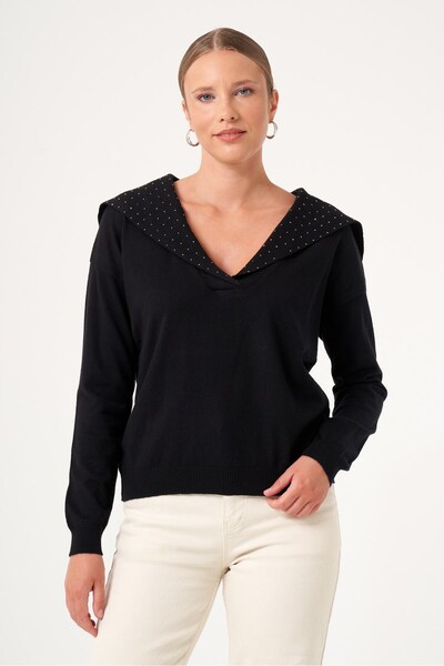 FTZ WOMEN Women's Collar Stone Printed Sweater Black 25322