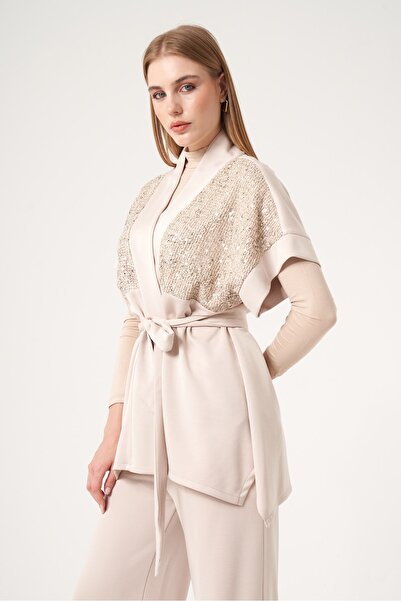 FTZ WOMEN Women's Modal Sequin Detailed Suit Beige 31516