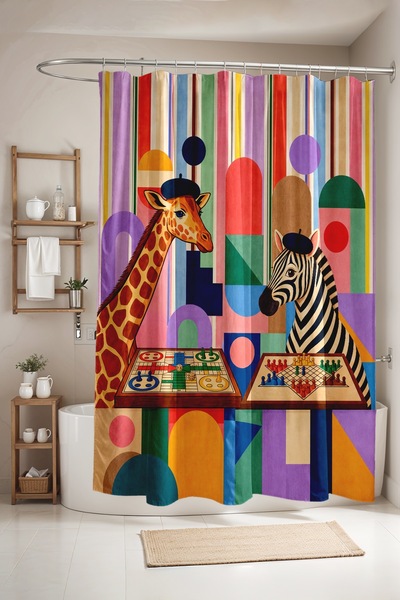 EVPANYA Bathroom Curtain, Shower Curtain with Giraffe and Zebra Playing Chess...