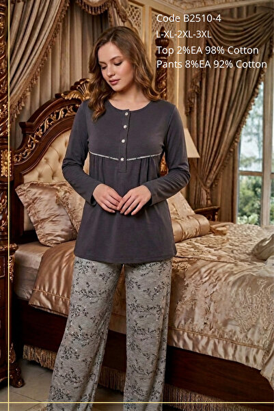 big mama Women's Pajama Set, Large Size, Relaxed Fit Buttoned Home Wear