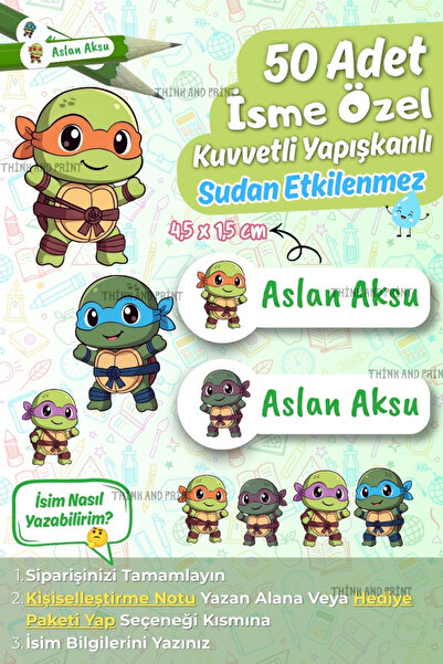 Think And Print Okul Etiketi Kalem Defter Etiketi Ninja Kaplumbağa Temalı Isi...