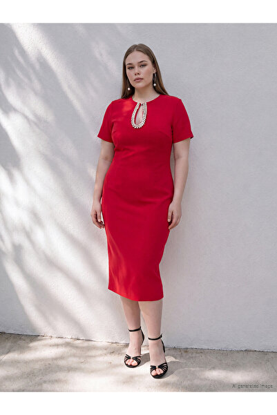 LC Waikiki Trendlucky Plus Size Window Detail Stoned Dress with Difference