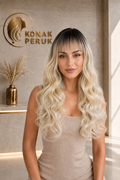 KONAK PERUK Fiber Sentetik Peruk Uzun - Siyah / Bal Köpüğü Ombre ve Platin Rö...