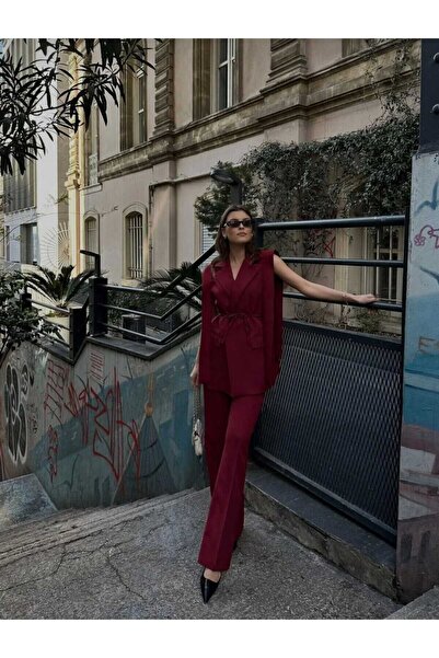 AVERA WOMAN Kuşaklı Blazer Yelek Pantolon İkili Takım
