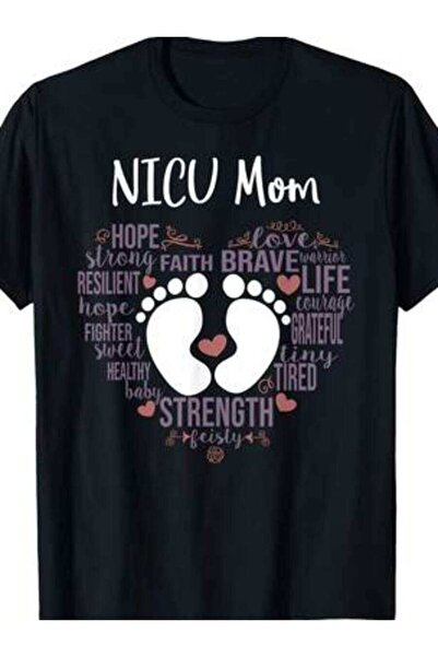 NOURAM تي شيرت NICU Mom' أسود اللون للجنسين بقصة كلاسيكية وأكمام قصيرة مع تصم...