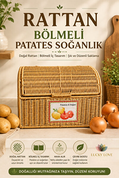 Lucky Love Rattan Bölmeli Patates Soğanlık Kapaklı Mutfak Saklama Sepeti Çıka...
