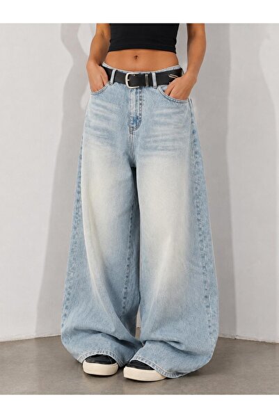 CLARK KYLE Kadın açık renk baggy 9w_1 yüksek bel %100 koton denim pantolon