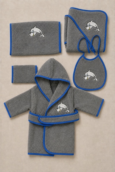 LUNGA VİTA Newborn Embroidered Baby Bathrobe Set 5 Pieces Compatible with 0-2...