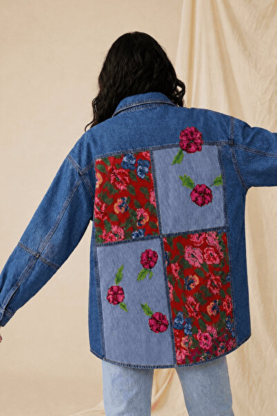 poupee Long Women's Denim Jacket, Women's Denim Coat, Hand Painted Women's De...