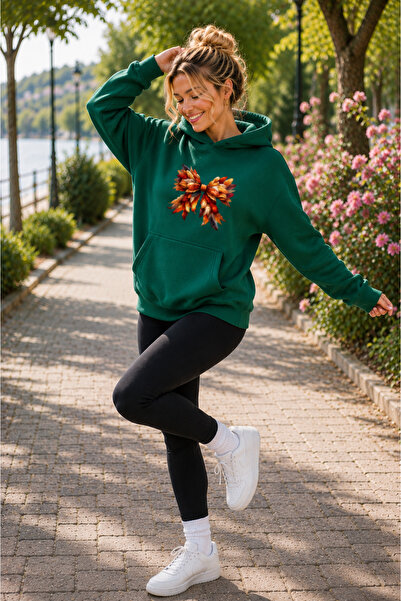 caddekombin Women's Feather Motif Ribbon Graphic Printed Hooded Kangaroo Pock...