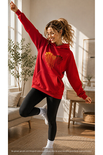 caddekombin Women's Melting Hearts Printed Hooded Kangaroo Pocket Cotton Casu...