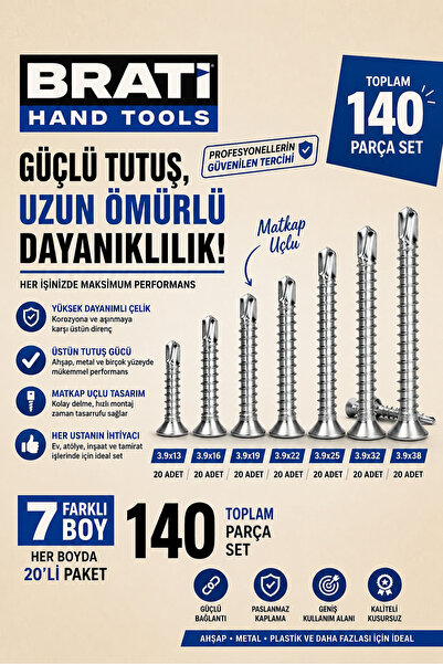 BRATİ HAND TOOLS 3.9 YHB Akıllı Vida Matkap Uçlu Vida Seti | 3.9x13 3.9x16 3....