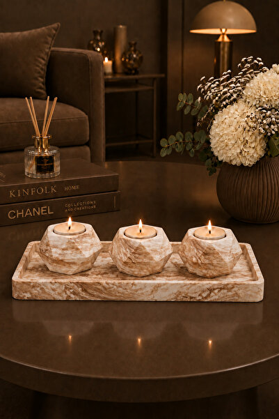 betonmall Beton Mum Seti 4 Parça Tepsili 3'lü Mumluk Tealight Şamdan Mumlar D...