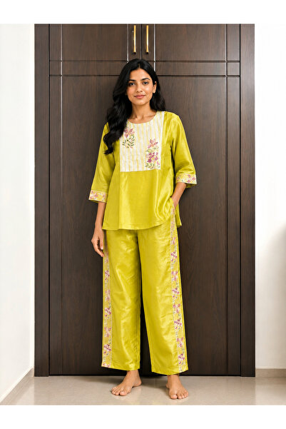 Devoiler Women’s Olive Green Organza Co-Ord Set | Floral Detail Top & Wide-Le...