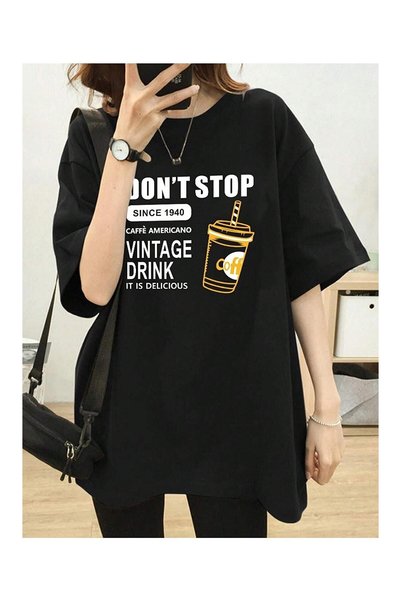 Flubutik Tricou de damă din bumbac, negru, cu imprimeu vintage, croială lejeră
