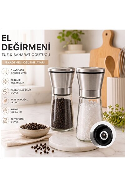 BuradaBuldun Seramik Öğütücülü 5 Kademeli Tuz ve Karabiber Değirmeni 180 ml Ş...