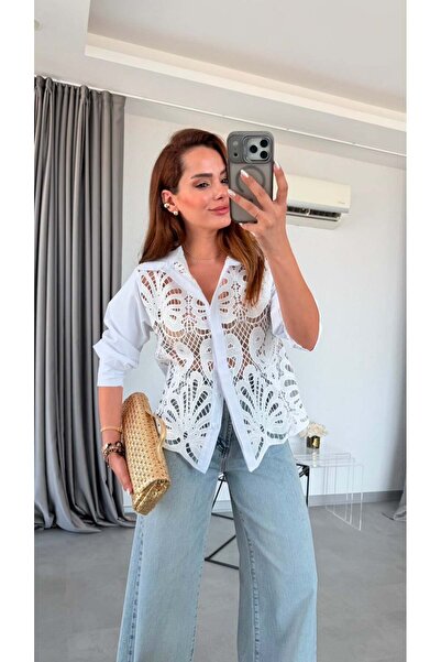 pelin yıldız butik Ekru Havana Güpürlü Dantelli Gömlek