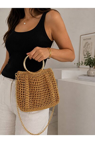 Generic Brand Elemeği Gold-Colored Clutch Bag, Evening Bag, Stylish Chain Bag