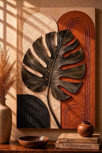 EMİLART Monstera Yaprak Kanvas Tablo Kiremit Bej Bohem Dekoratif Salon Tablos...