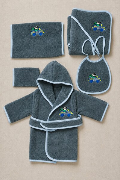 LUNGA VİTA Newborn Embroidered Baby Bathrobe Set 5 Pieces Compatible with 0-2...