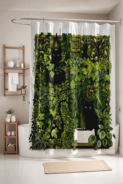 EVPANYA Bathroom Curtain, Botanical Garden and Black Cat Patterned Shower Cur...