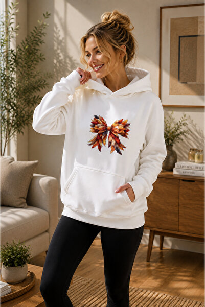 caddekombin Women's Feather Motif Ribbon Graphic Printed Hooded Kangaroo Pock...